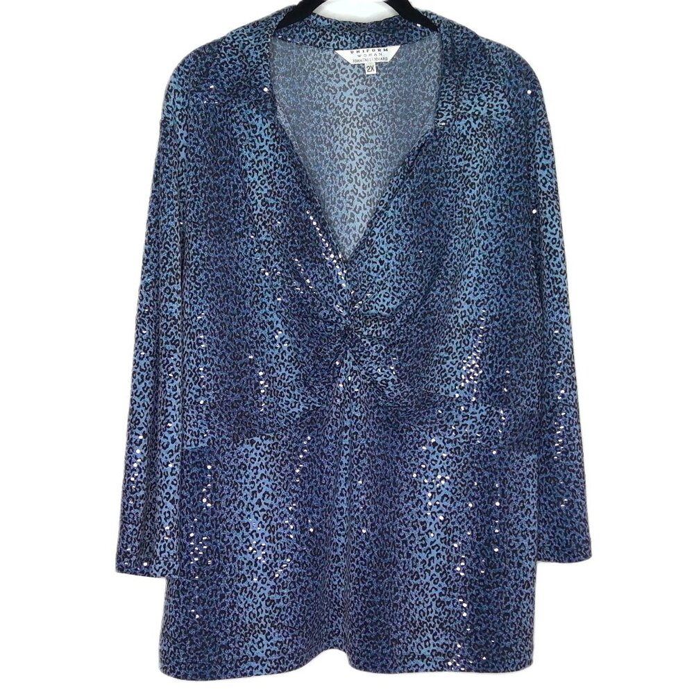 Uniform Woman John Paul Richard Top Blue & Black Animal Print & Sequins Plus 2X